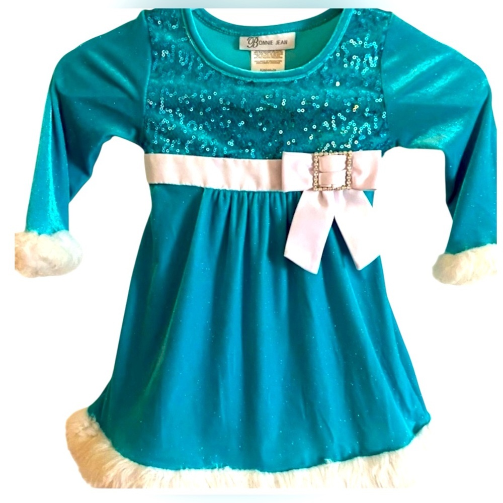 Bonnie Jean Dress, Sz 2T, Ribbon, Teal, Sequins, Metallic, Velvet burnout